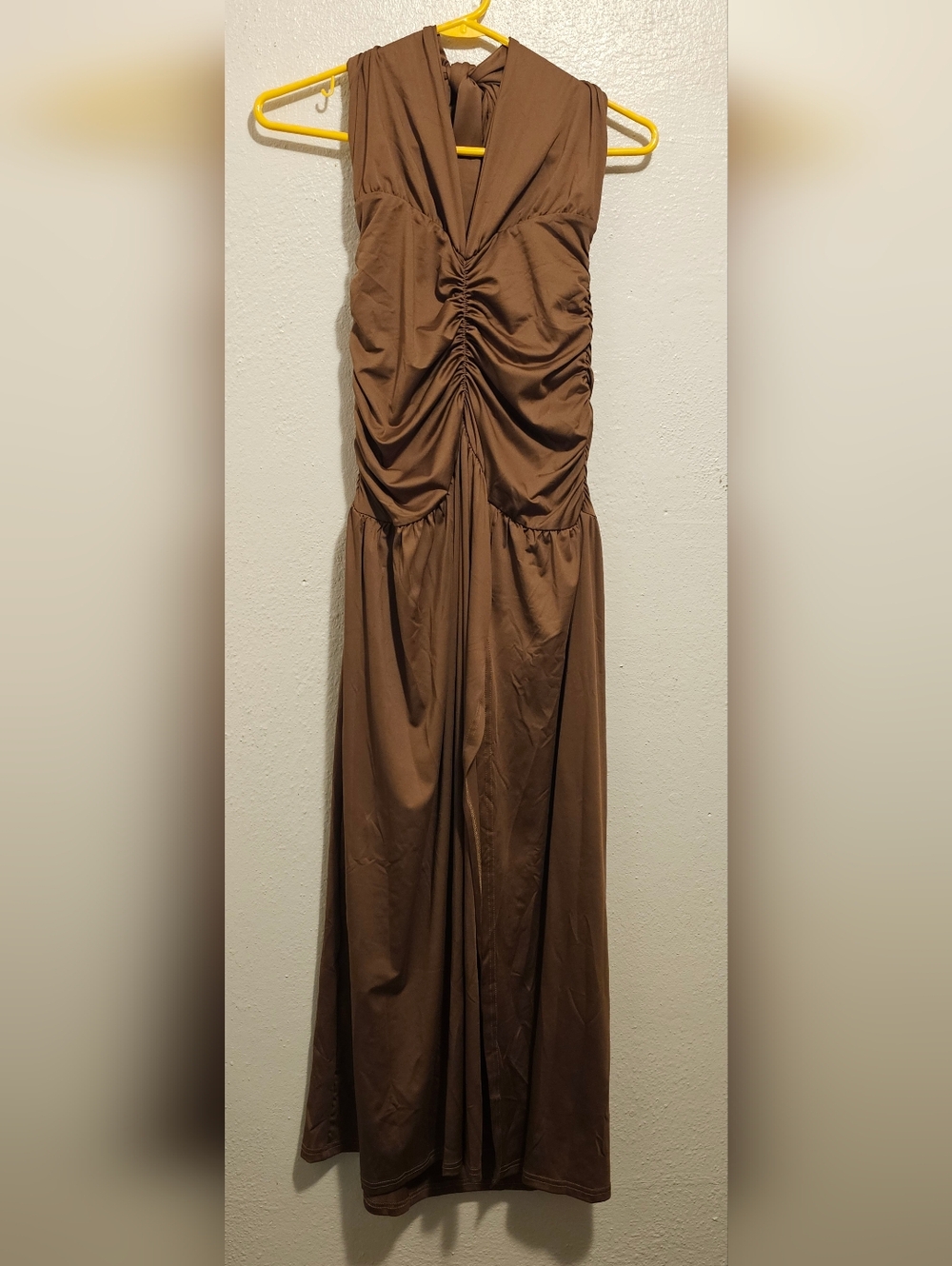 Brown Ruched Maxi Dress - Women's Elegant Evening Dress